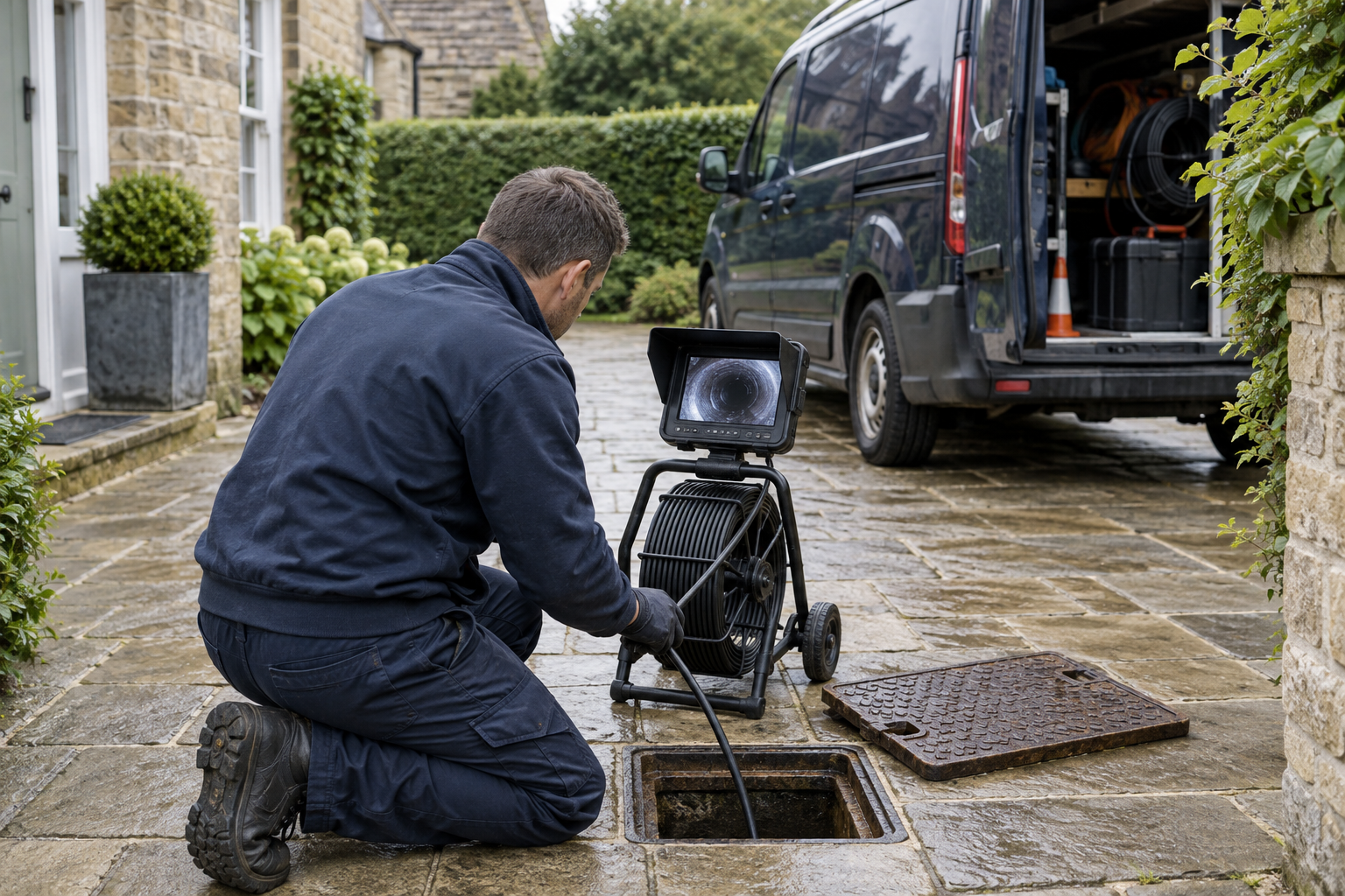Drainage technician inspecting a drain at a Yorkshire property